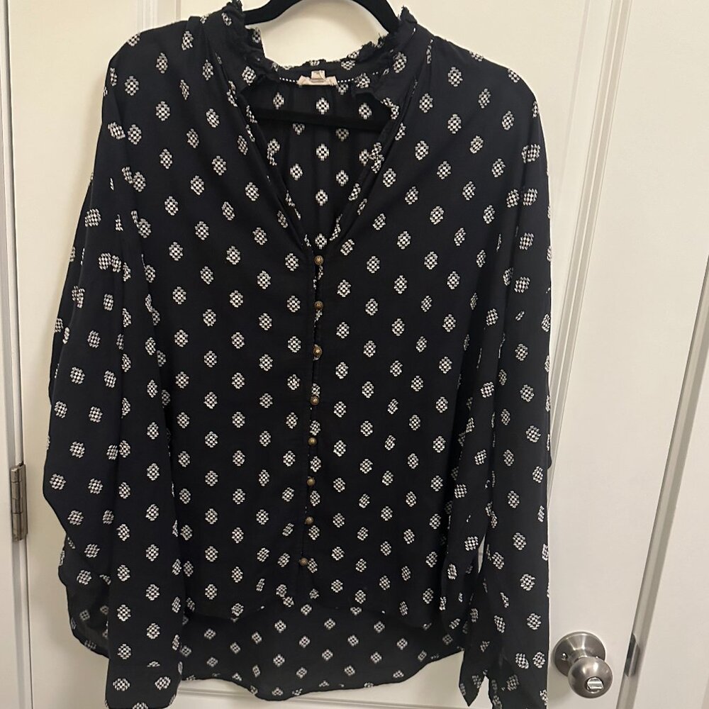 Pilcro Tavi Embroidered Button-down Blouse  (Color: Black and White; Size: XL)
